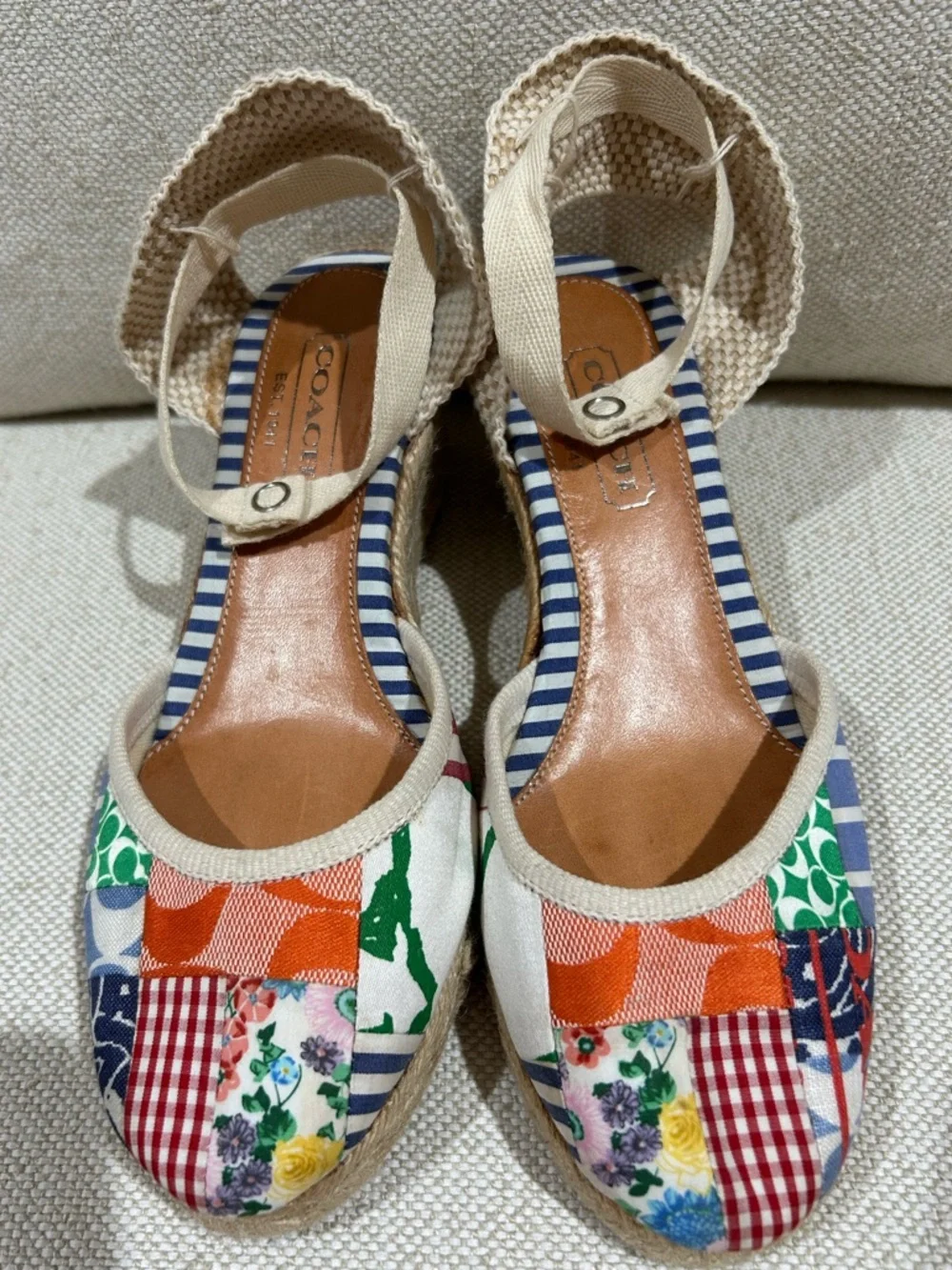 COACH Kerrie Patchwork Espadrille Wedge Canvas Slingback Multicolor Size 7 Boho